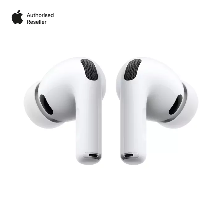 Apple AirPods Pro 3 wireless earbuds in their white MagSafe charging case on a clean surface.