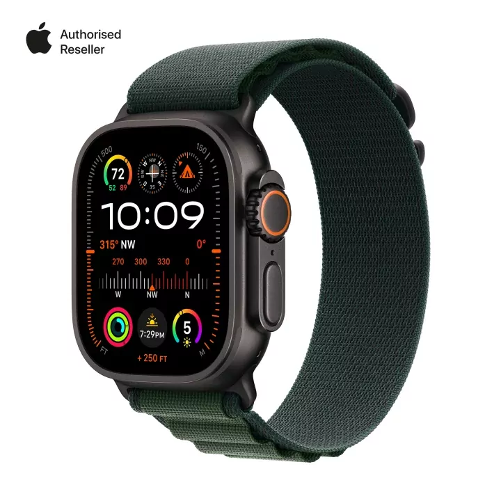 Apple Watch Ultra 2 with GPS+Cellular connectivity, featuring the Alpine Loop band on a wrist.