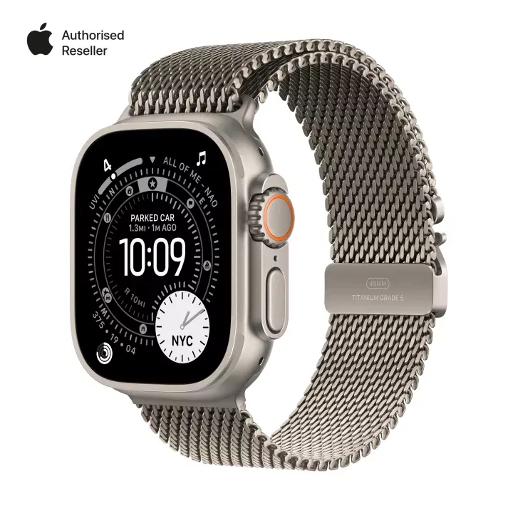 Apple Watch Ultra 3 GPS + Cellular 49mm with titanium case on wrist, showing large display.
