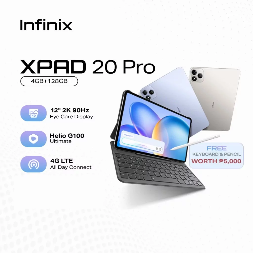 Infinix XPAD 20 Pro tablet showing its large display and sleek design on a dark background.