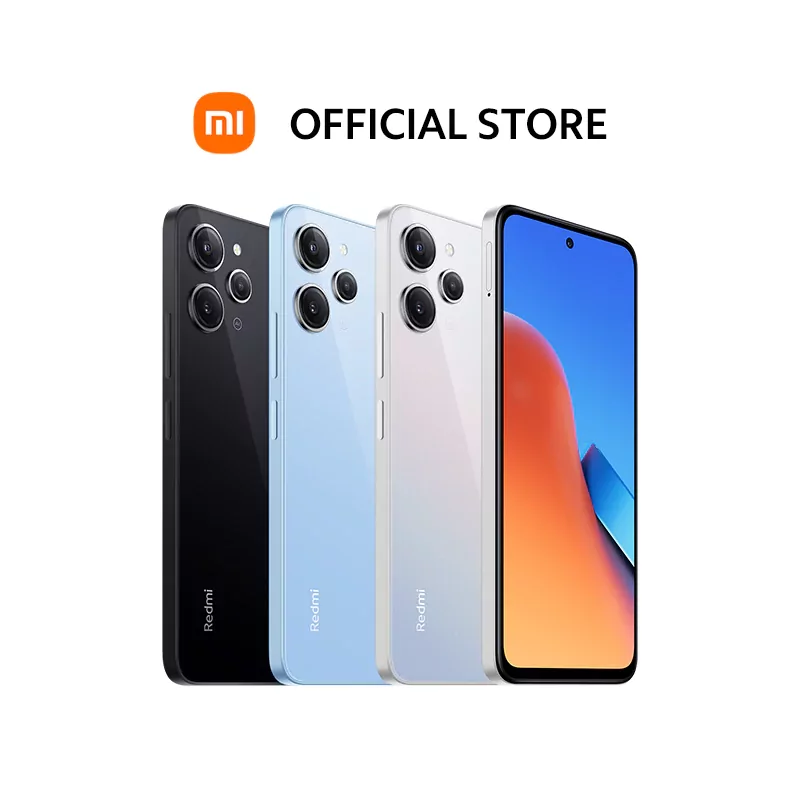 Redmi 12 smartphone with 8GB RAM and choice of 128GB or 256GB storage, shown with 1-year warranty.