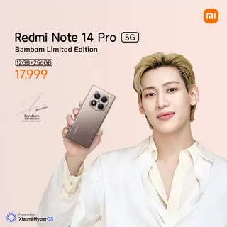 Redmi Note 14 Pro 5G smartphone showing 12+256GB and 12+512GB storage variants.