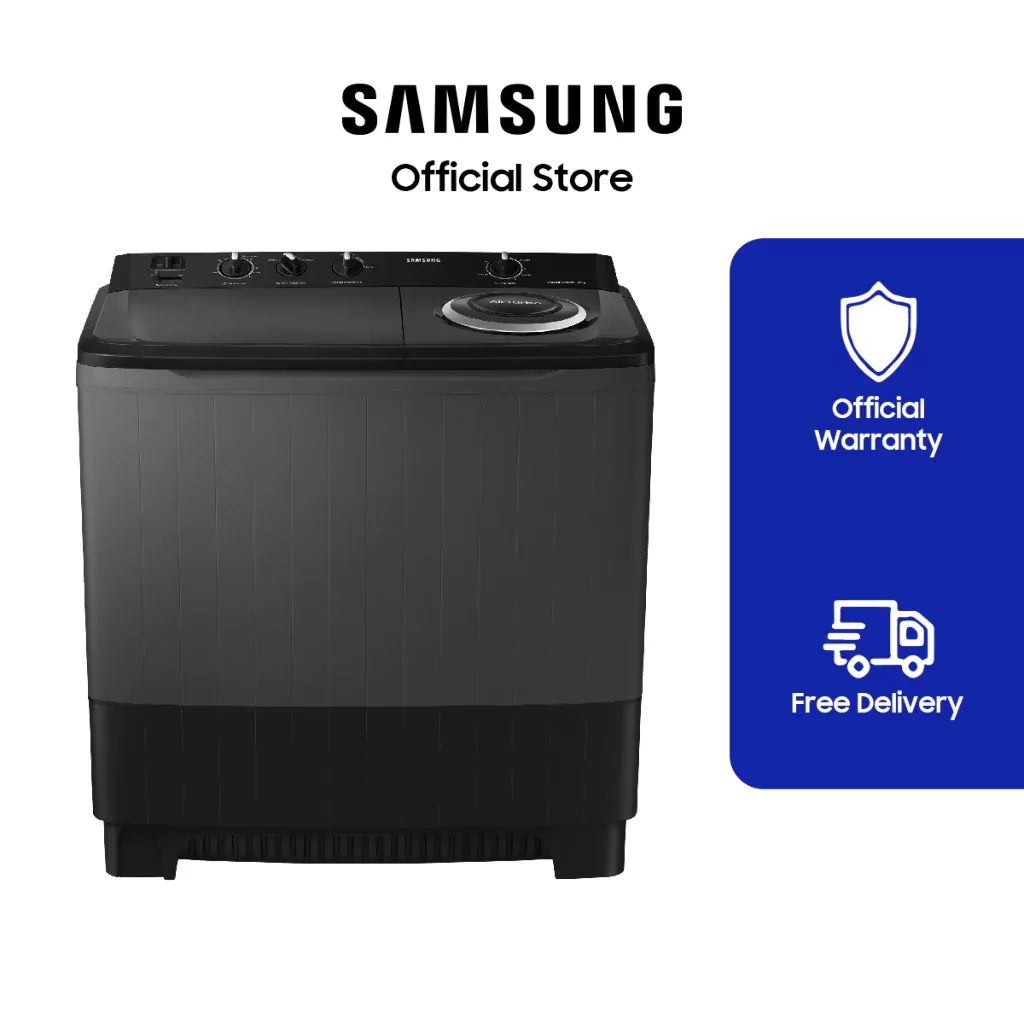 Samsung 16kg Twin Tub washing machine model WT16B5240BA/TC with digital display and large capacity tub.