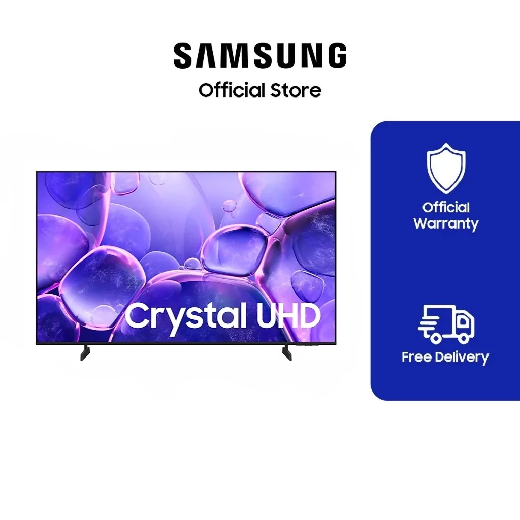Samsung 43-inch Crystal UHD U8000F 4K Smart TV showing vibrant display on a stand.