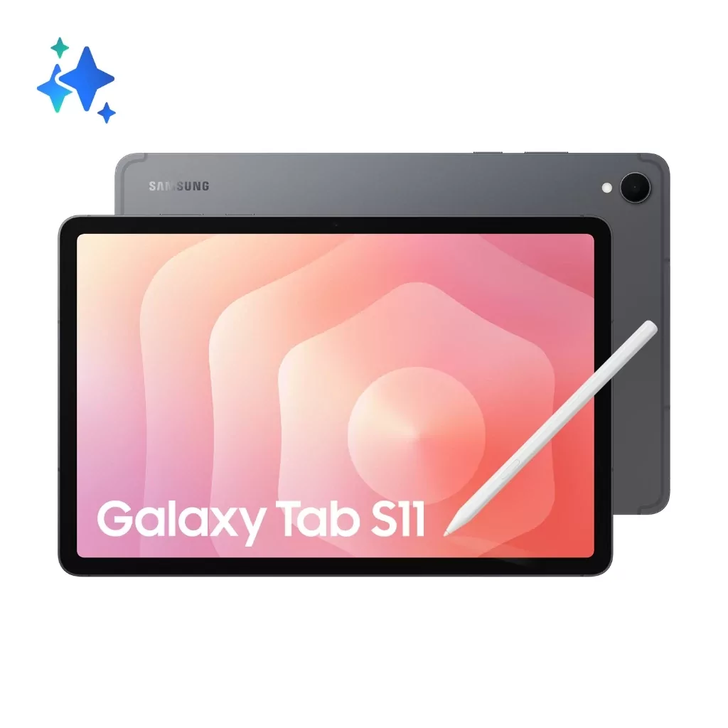 Samsung Galaxy Tab S11 5G tablet shown from an angle on a dark surface.