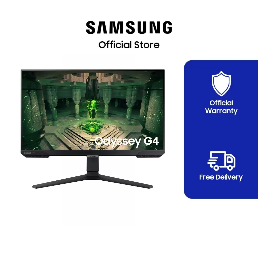 Samsung Odyssey G4 G40B 25-inch FHD 240Hz gaming monitor with sleek design on desk.