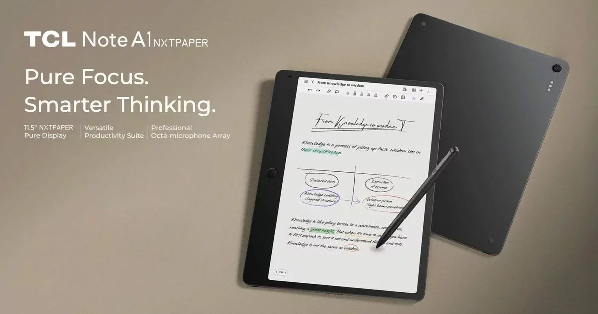 TCL Note A1 tablet with paper-like display and AI stylus, shown on a desk with notepad.