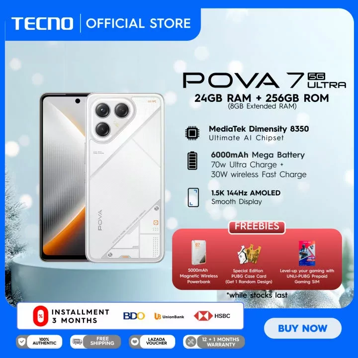 TECNO Pova 7 Ultra 5G smartphone showing its large display and sleek design.
