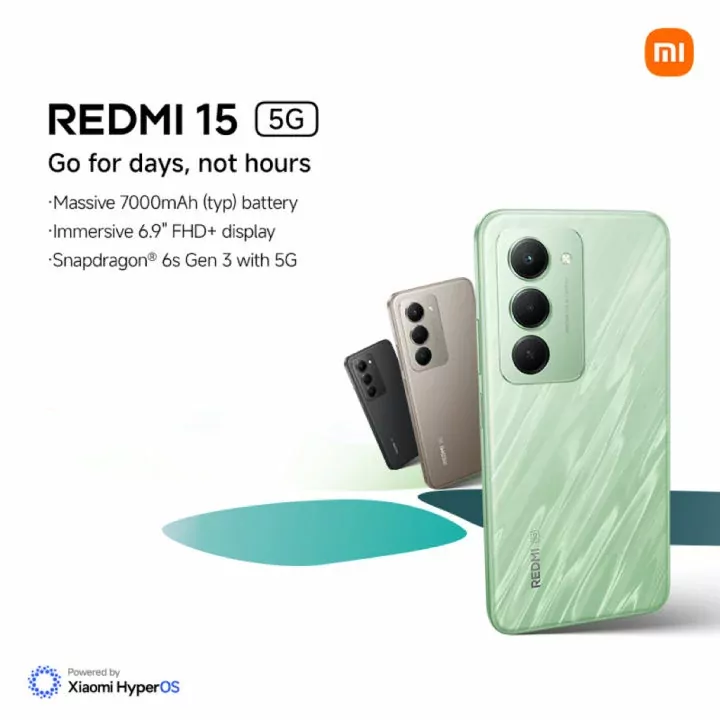 Xiaomi Redmi 15 5G smartphone showing front design and display on a clean background.