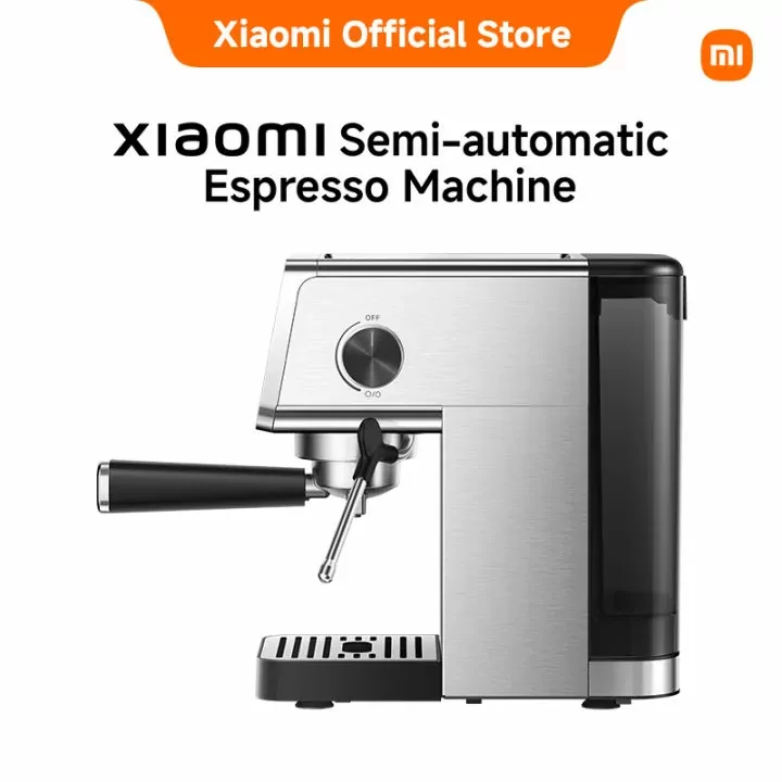 Xiaomi semi-automatic espresso machine on a counter, showcasing its compact design and steam wand.