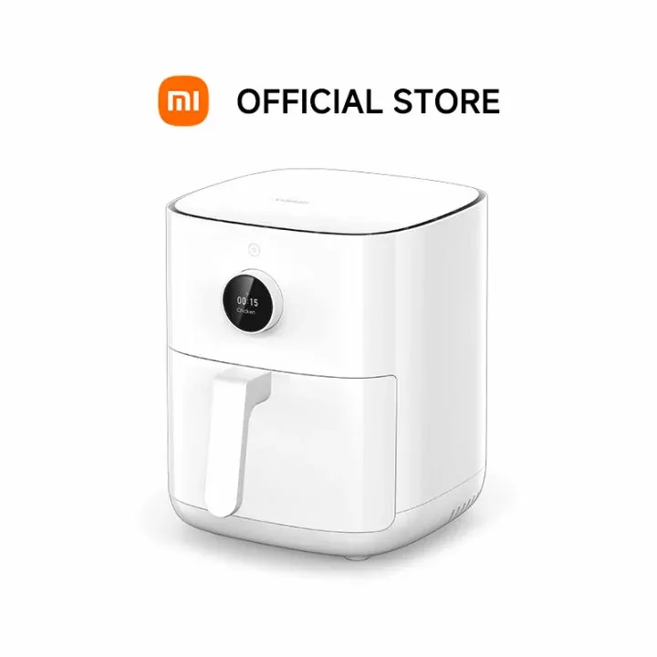 Xiaomi Smart Air Fryer 4.5L white digital air fryer with touchscreen display on kitchen counter.