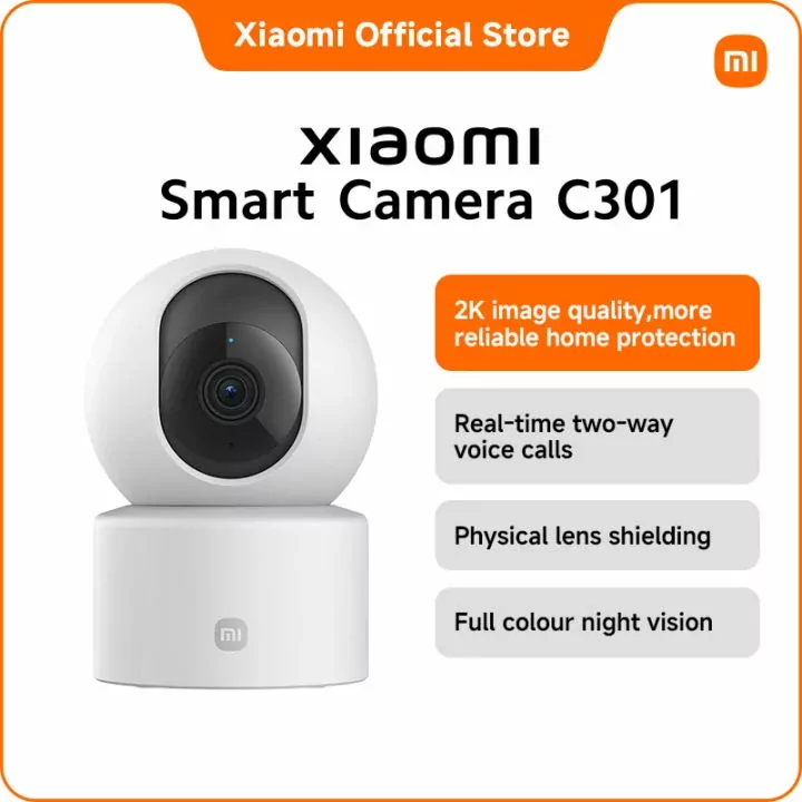 Xiaomi Smart Camera C301 showing compact white design with lens and status light on front.