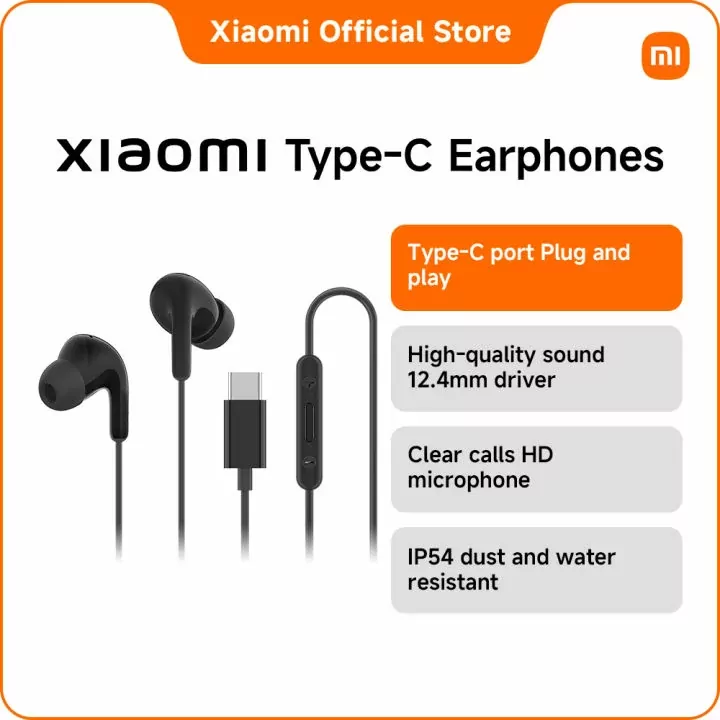 Xiaomi Type-C earphones with in-ear design, black cable, and remote control on a white background.