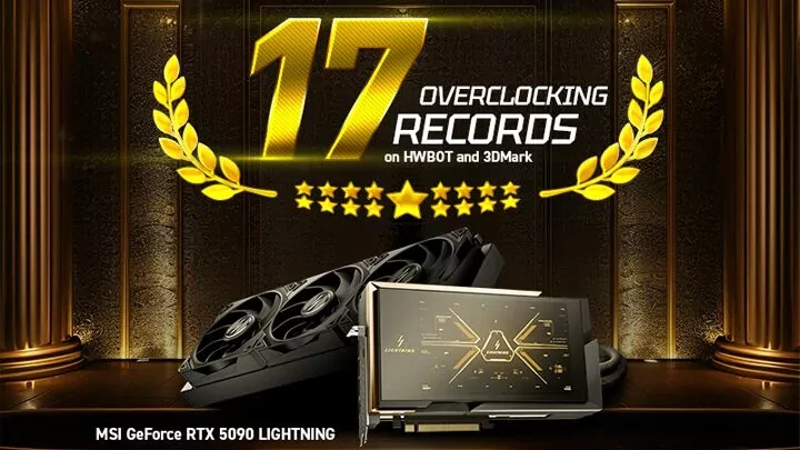 MSI GeForce RTX 5090 Lightning graphics card with triple-fan cooler and RGB lighting.