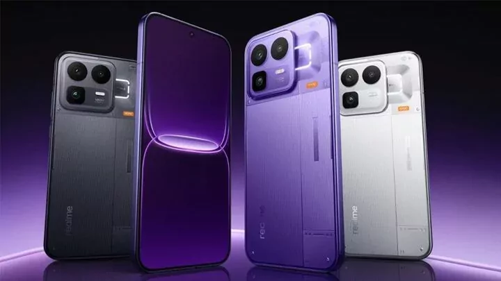 Realme Neo8 smartphone showing its display, slim bezels, and rear camera module design.