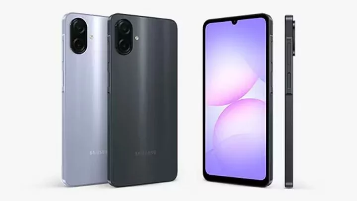 Samsung Galaxy A07 5G smartphone shown from a side angle, highlighting its screen and modern design.