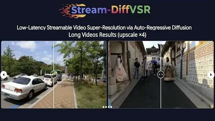 Diagram illustrating Stream DiffVSR architecture for real-time diffusion-based video super-resolution and upscaling.