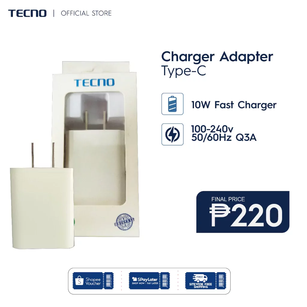 Tecno smartphone charger head for 5W, 6W, 10W, 18W, and 33W fast charging adapters.