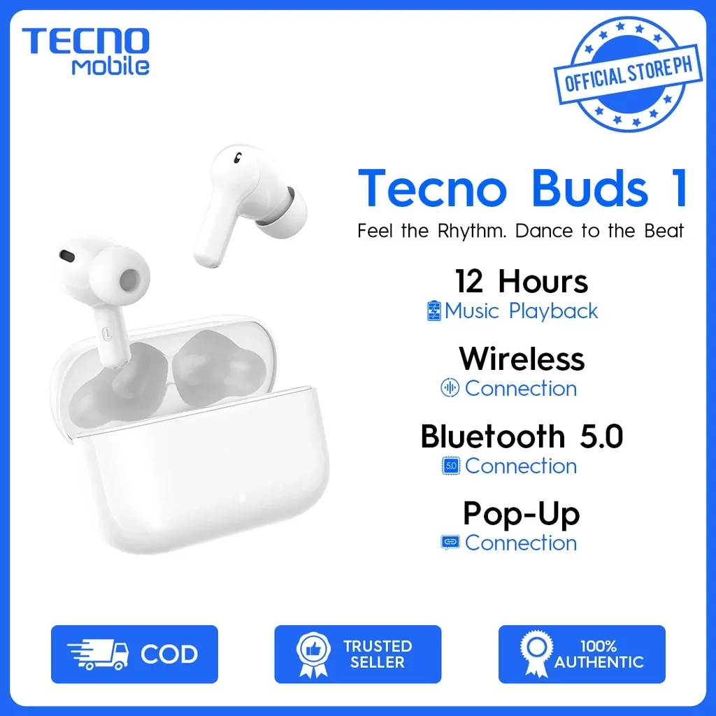Tecno Buds 1 wireless earbuds with Bluetooth 5.0 and 12-hour battery life, shown in charging case.