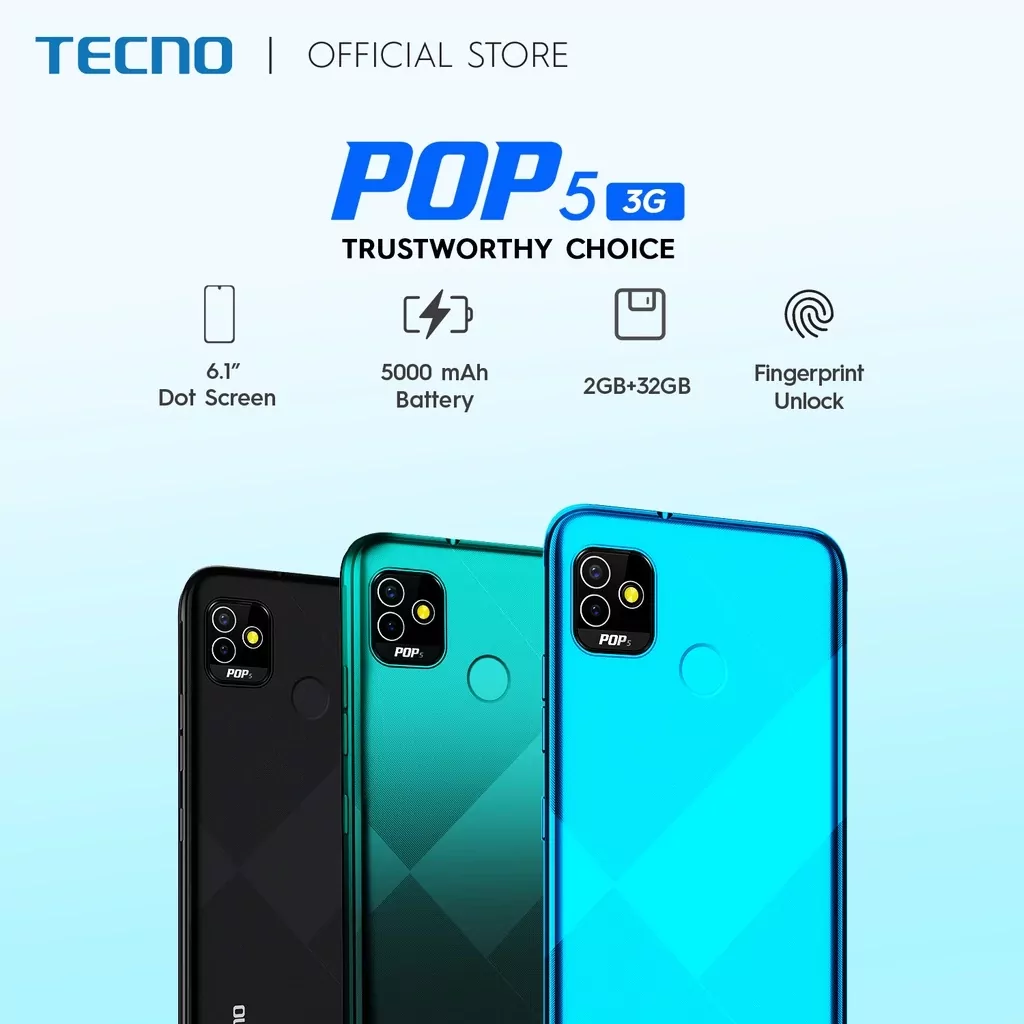 Tecno POP 5 3G smartphone displayed on a white background, showing its screen and design.