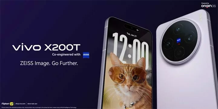 Vivo X200T smartphone showing its sleek display and modern design from a side angle.