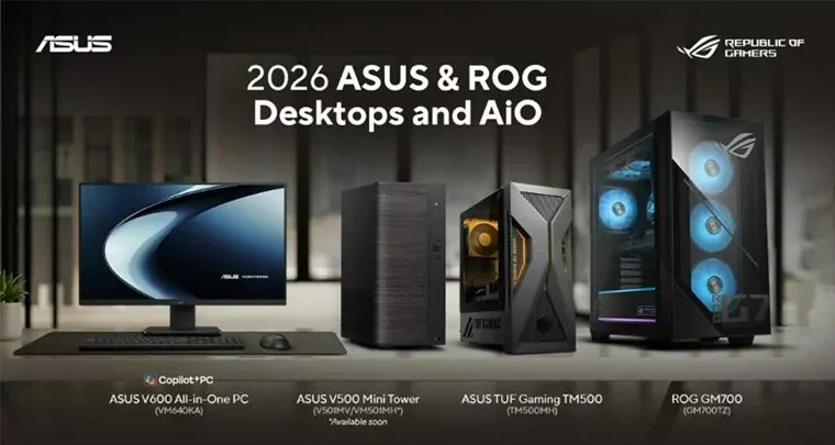 ASUS V600 All-in-One PC 2026 model with 23.8-inch FHD display and AMD Ryzen AI processor.