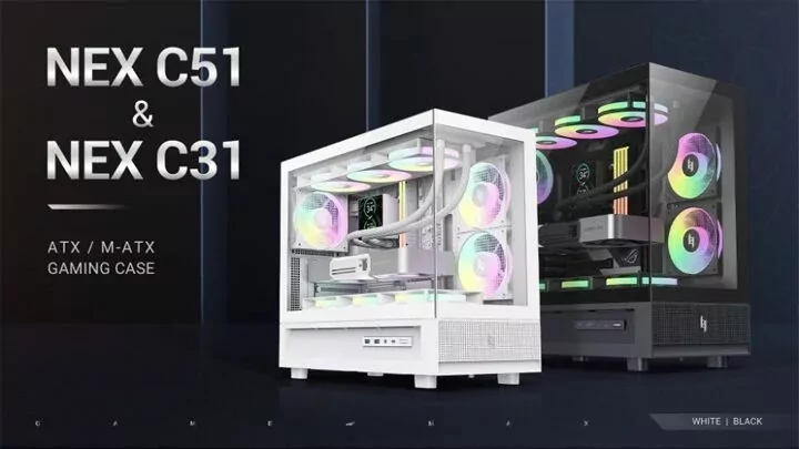 GAMEMAX NEX C51 and NEX C31 panoramic PC cases with pillar-free dual tempered glass and ARGB fans.
