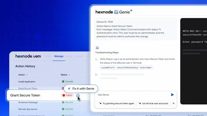 Hexnode Genie AI dashboard interface showing automated IT management and device control features.