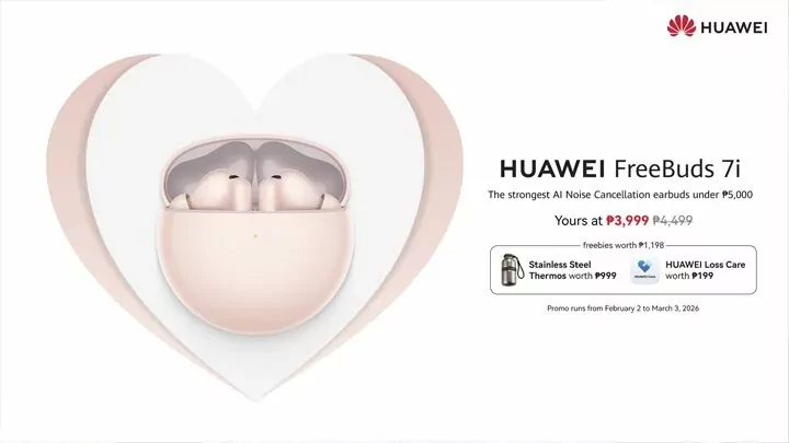 Huawei FreeBuds 7i wireless earbuds with Valentine's Day promotional packaging and special offer.