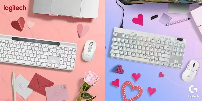 Logitech Valentine's Day promotion banner featuring special offers on computer peripherals.